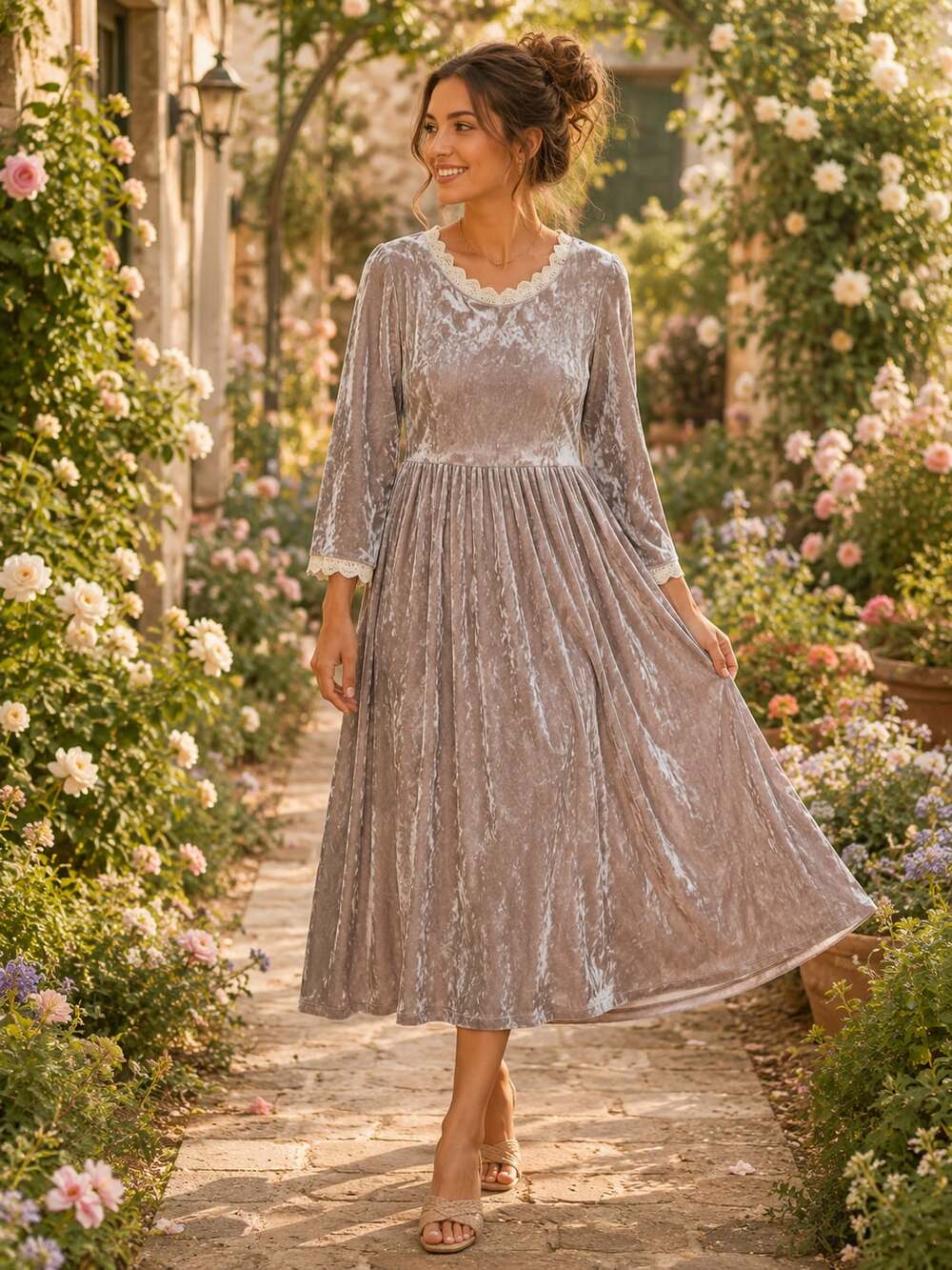 Flamingo Urban Crushed Velvet Midi Dress Lace Trim Long Sleeve Blush Pink L
